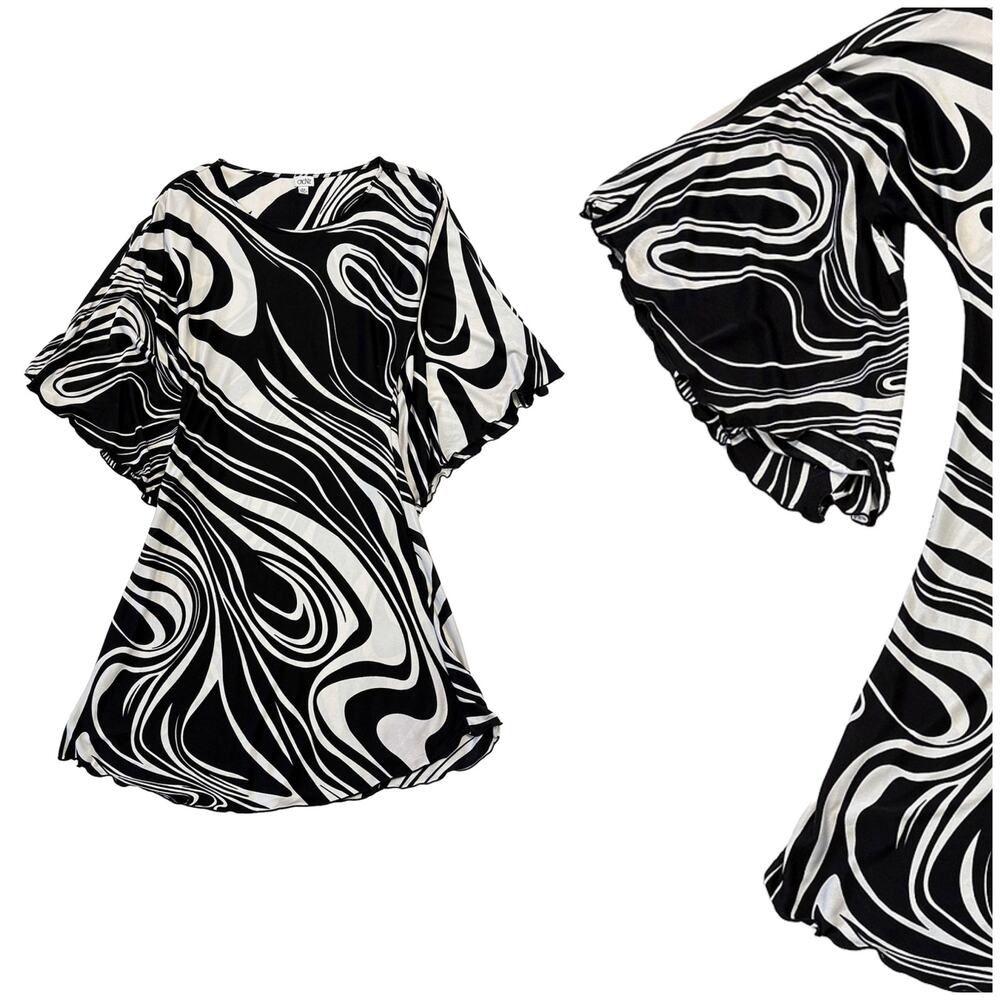 VTG Cache Silk Mini Dress Women XS Black White Bell Sleeve Retro Wedding Guest